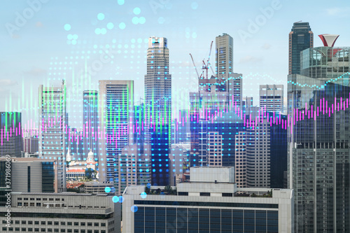 Financial stock chart hologram over panorama city view of Singapore, business center in Asia. The concept of international transactions. Double exposure.