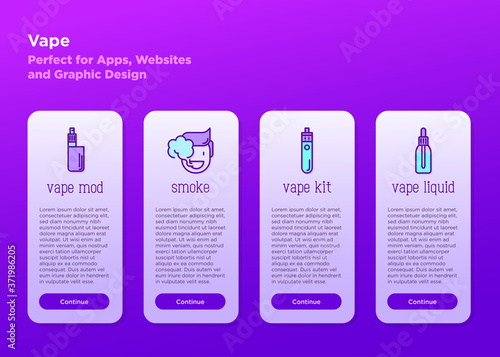 Mobile user interface for smoking production shop. Thin line icons: man is smoking, vape mod, kit, liquid. Vector illustration.