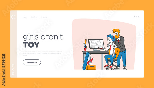 Harassment, Sexual Assault Landing Page Template. Character Put Hand on Woman Shoulder at Workplace. Lascivious Exaction