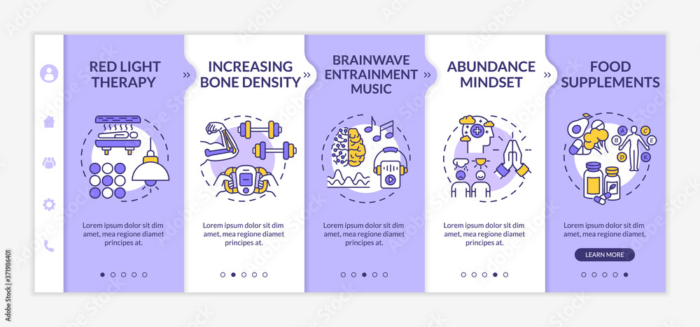 Biohacking tips onboarding vector template. Red light therapy, brainwave music, sport and abundance mindset. Responsive mobile website with icons. Webpage walkthrough step screens. RGB color concept