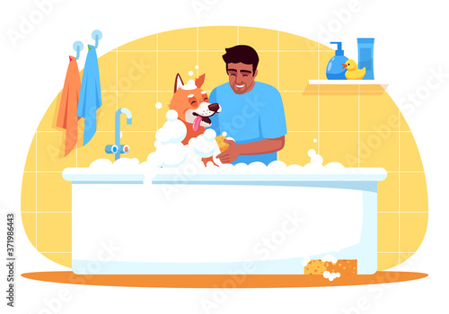 Pet care semi flat RGB color vector illustration. Doggy in bubble bath. Bathroom washing for domestic animal. Grooming service. Latin man with dog isolated cartoon character on yellow background