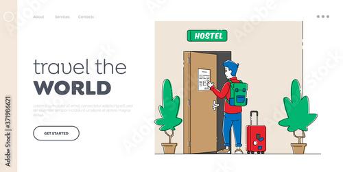 Hospitality Check in Landing Page Template. Tourist with Luggage Reading Hostel Rules. Traveler Move to Cheap Guesthouse