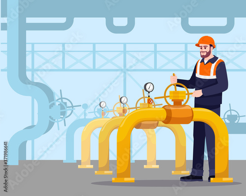 Pipeline maintenance semi flat vector illustration. Gasman working. Fuel production. Petroleum transportation pipes. Gas industry male worker 2D cartoon character for commercial use