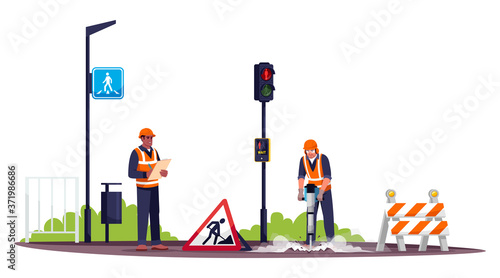 Road workers semi flat RGB color vector illustration. Workman drilling concrete with pneumatic hammer. Male road construction worker and foreman isolated cartoon character on white background