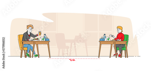 Social Distancing. Characters Sitting at Disinfected Cafe Tables Stand on Distance Drink Coffee with Sanitizer on Desk