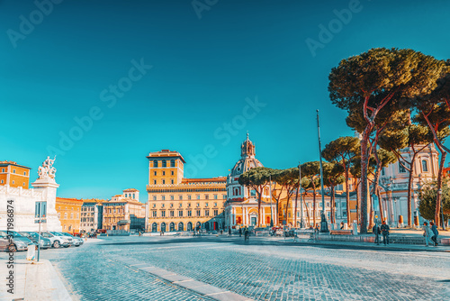 ROME, ITALY-MAY 08, 2017: Rome- one of the  most beautiful cities in the world. Piazza Foro Traiano. View on Church SS Nome di Maria,Santa Maria di Loreto, andi Palazzo Valentini. #371986874