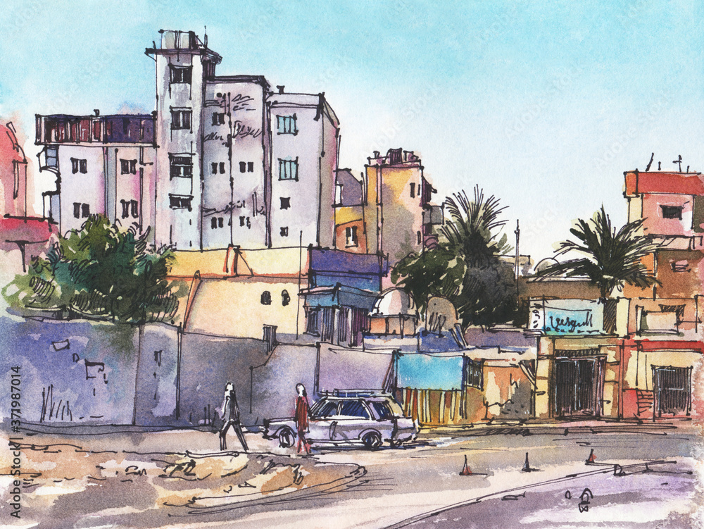 Fototapeta premium City landscape. A sketch with watercolor.