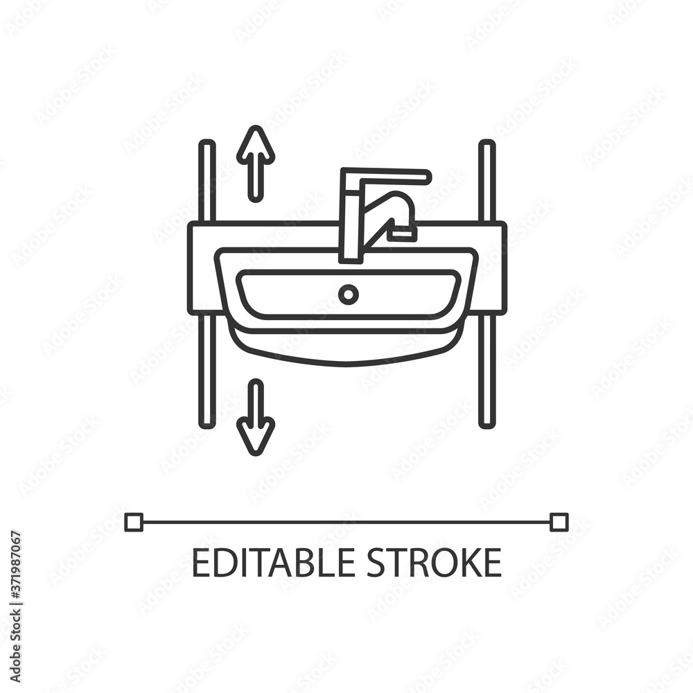 Adjustable height sink linear icon. Rise and fall wash basin for wheelchair users and seniors. Thin line customizable illustration. Contour symbol. Vector isolated outline drawing. Editable stroke Adjustable height sink linear icon. Rise and fall wash basin for wheelchair users and seniors. Thin line customizable illustration. Contour symbol. Vector isolated outline drawing. Editable stroke