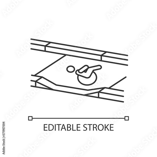 Dropped kerb linear icon. Curb cut. Access between street and sidewalk. Wheelchair user. Driveway. Thin line customizable illustration. Contour symbol. Vector isolated outline drawing. Editable stroke