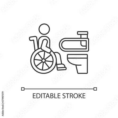 Accessible toilet linear icon. Disabled people conveniences. Wheelchair accessible public toilet. Thin line customizable illustration. Contour symbol. Vector isolated outline drawing. Editable stroke