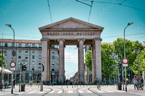 The Porta Ticinese city gate, Arch of Porta Ticinese, Arco di Porta Ticinese is a neoclassical pink granite gate with pillars, honoring Napolean's victory in Marengo