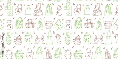 Seamless pattern with black outline eco bags on white background, hand drawing, graphic paper design. pattern with reusable mesh bags, net bags, string bags,eco signs.