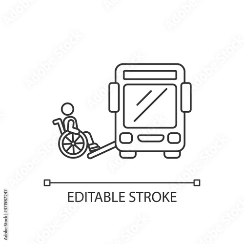 Bus ramp linear icon. Bus wheelchair ramp. Vertical platform lift. Convenient public transport. Thin line customizable illustration. Contour symbol. Vector isolated outline drawing. Editable stroke