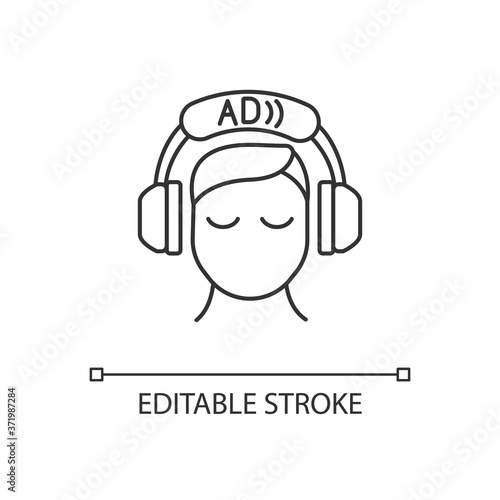 Audio description linear icon. Video description. Narration. Audio described TV programmes. Thin line customizable illustration. Contour symbol. Vector isolated outline drawing. Editable stroke