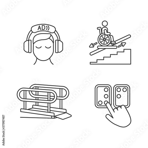 People with disabilities facilities linear icons set. Video description. Wheelchair platforms and stairlifts. Customizable thin line contour symbols. Isolated vector outline illustrations
