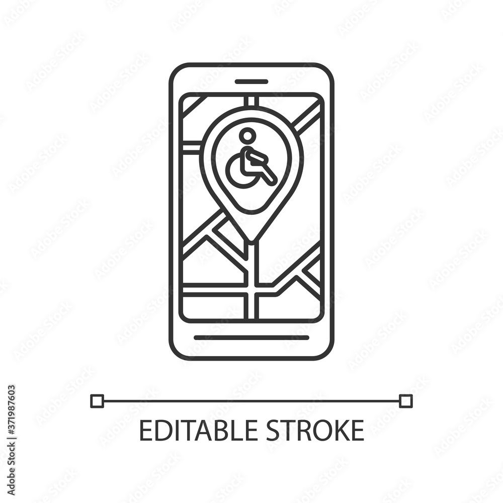 City navigation app linear icon. City map app for wheelchair users. Navigation in public places. Thin line customizable illustration. Contour symbol. Vector isolated outline drawing. Editable stroke City navigation app linear icon. City map app for wheelchair users. Navigation in public places. Thin line customizable illustration. Contour symbol. Vector isolated outline drawing. Editable stroke
