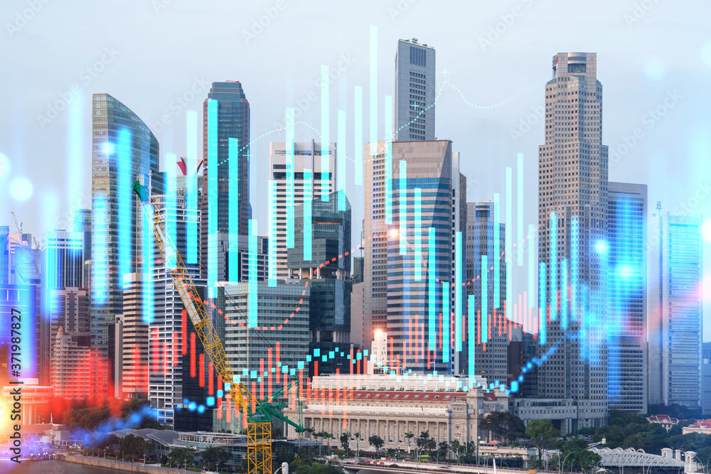 Fototapeta Forex and stock market chart hologram over panorama city view of Singapore, the financial center in Asia. The concept of international trading. Double exposure.