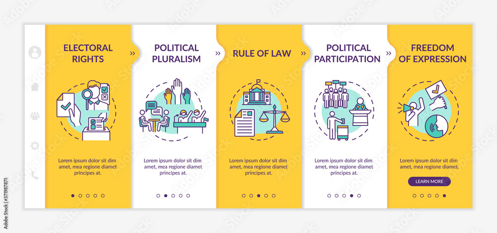 Fototapeta premium Political rights onboarding vector template. Political pluralism. Rule of law. Freedom of expression. Responsive mobile website with icons. Webpage walkthrough step screens. RGB color concept