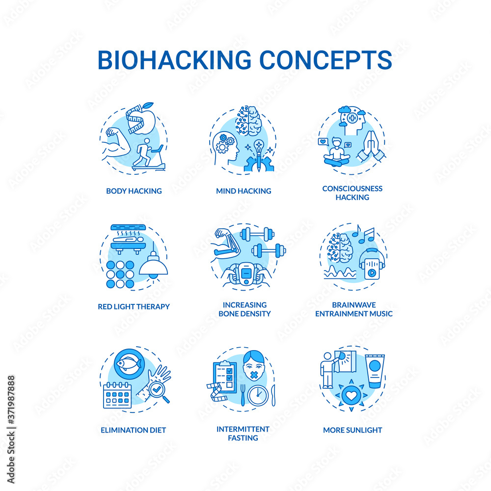 Biohacking concept icons set. DIY biology, health improvement idea thin line RGB color illustrations. Body and mind productivity increasing. Vector isolated outline drawings. Editable stroke