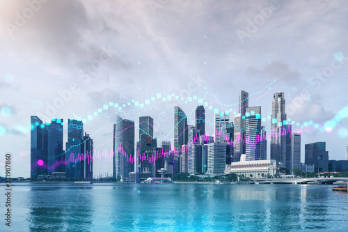 Photography Forex and stock market chart hologram over panorama city view of Singapore, the financial center in Asia