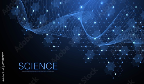 Molecular structure background. Science template wallpaper or banner with a DNA molecules. Asbtract molecule background with hexagons, wave flow. Vector illustration.