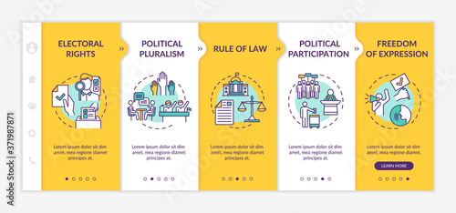 Political rights onboarding vector template. Political pluralism. Rule of law. Freedom of expression. Responsive mobile website with icons. Webpage walkthrough step screens. RGB color concept