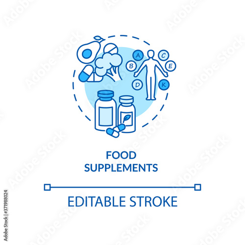 Food supplements concept icon. Healthy nutrition, biohacking tips idea thin line illustration. Vitamin diet, health improving substances. Vector isolated outline RGB color drawing. Editable stroke