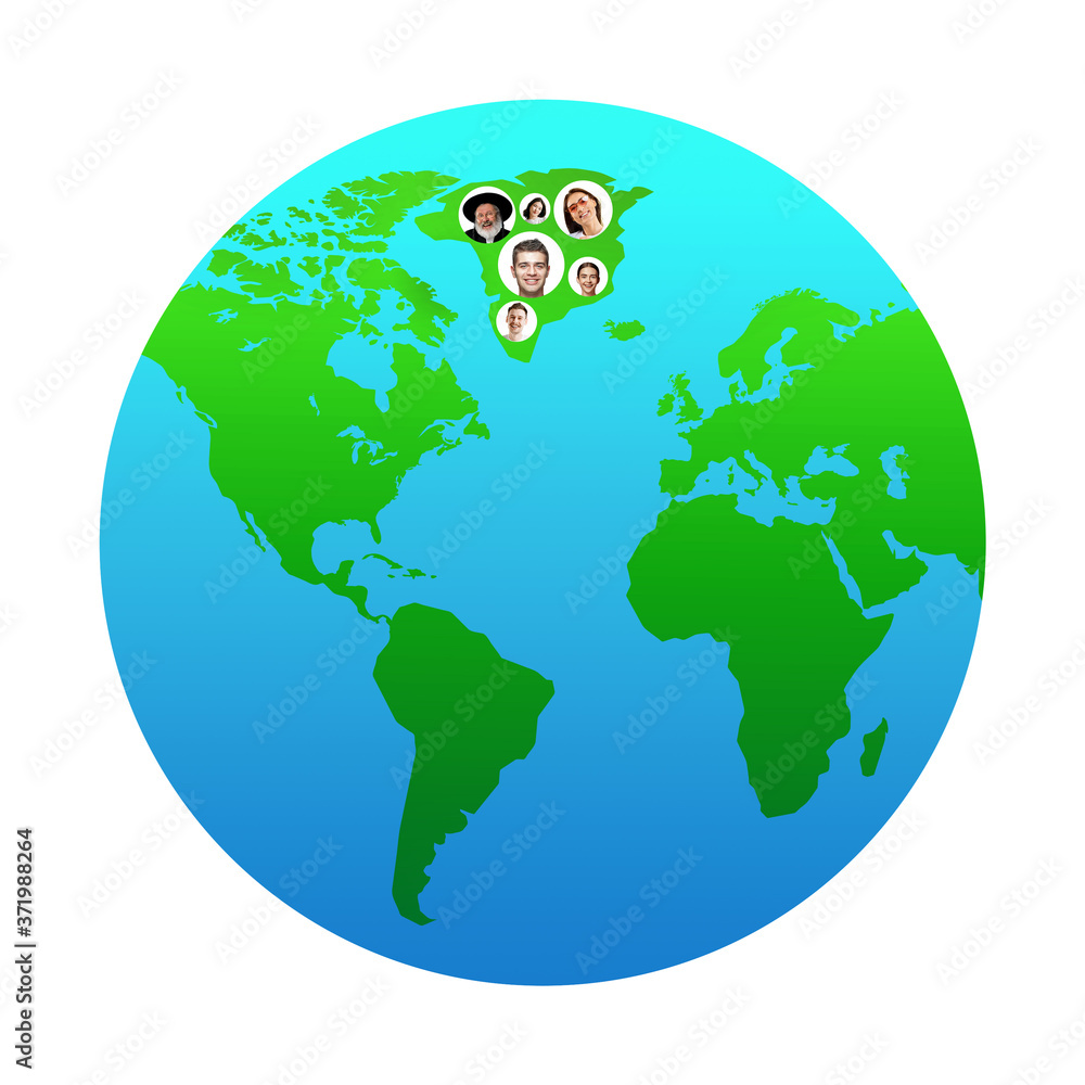 World global cartography - Earth international concept, connecting people all around the world. Avatars, portraits of different people live in Greenland. Nationalities, social media, unity and
