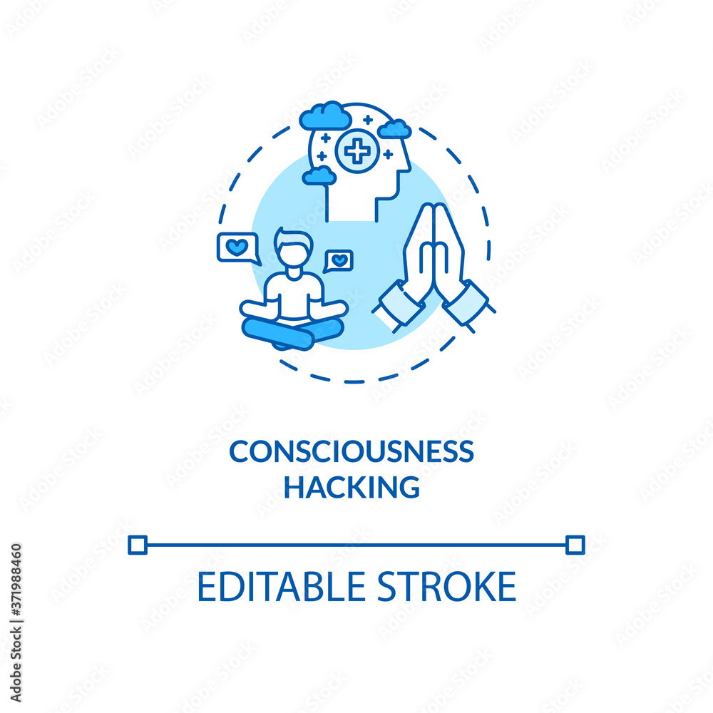 Consciousness hacking concept icon. Biohacking, spiritual growth idea thin line illustration. Meditation amd relaxation exercises. Vector isolated outline RGB color drawing. Editable stroke
