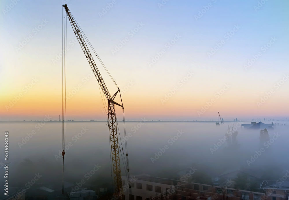 Crane silhouette and Koblevo skyline in the morning mist, Ukraine