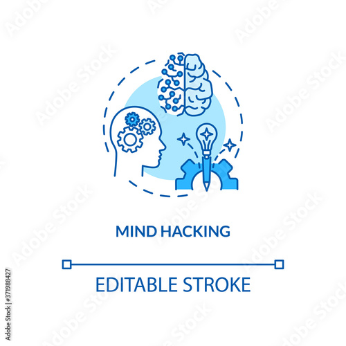 Mind hacking concept icon. Brain training, biohacking idea thin line illustration. Cognitive functions enhancement, mental self improvement. Vector isolated outline RGB color drawing. Editable stroke