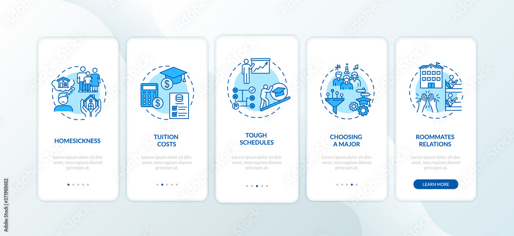 University difficulty onboarding mobile app page screen with concepts. Student challenges walkthrough 5 steps graphic instructions. School UI vector template with RGB color illustrations