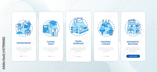 University difficulty onboarding mobile app page screen with concepts. Student challenges walkthrough 5 steps graphic instructions. School UI vector template with RGB color illustrations