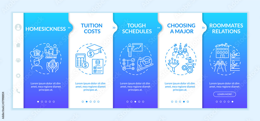 Student challenges onboarding vector template. University lifestyle difficulties. College life issues. Responsive mobile website with icons. Webpage walkthrough step screens. RGB color concept