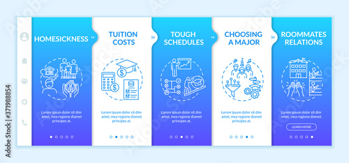 Student challenges onboarding vector template. University lifestyle difficulties. College life issues. Responsive mobile website with icons. Webpage walkthrough step screens. RGB color concept