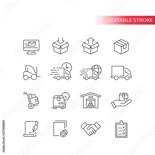 Fulfilment thin line icons. Delivery service icon set. Truck, warehouse, storage and box or parcel package outline symbols, editable stroke.