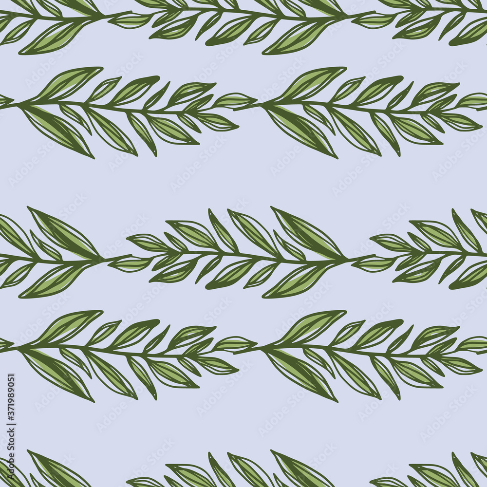 Fototapeta premium Botanic doodle seamless pattern with foliage branches. Blue background with green leaves. Stylized artwork.