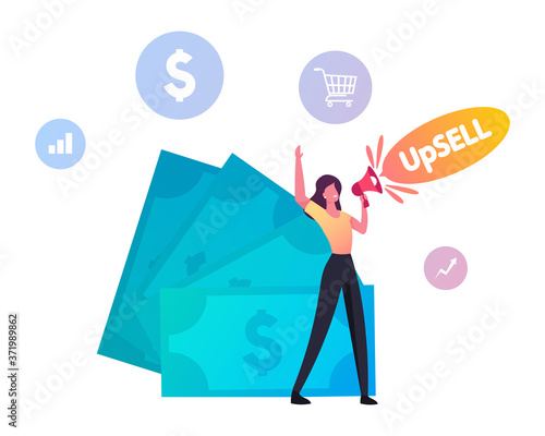 Upsell, Discount Alert Business and Shopping Concept. Promoter Woman Character Shouting to Megaphone. Public Relation