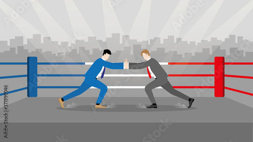 Business competition concept. Business competitor in boxing stage hand to hand wresting strike. Businessman fighting one on one with marketing rival.