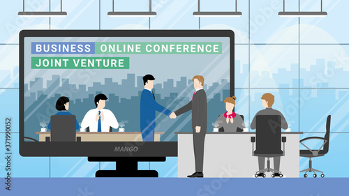 Online business partner concept. Joint venture in teleconference meeting room from workplace to another office. Greeting businessman handshake with team agreement clapping hand employee. 