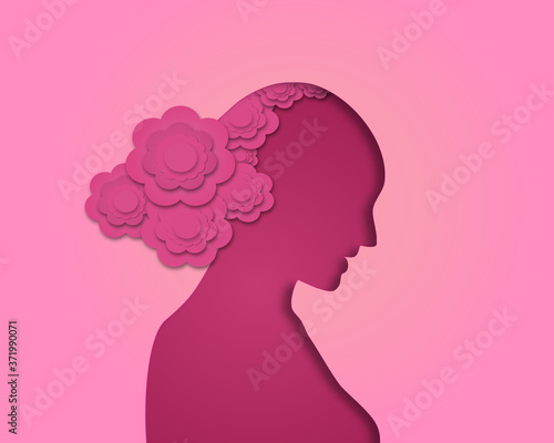 Pink background paper cut woman illustration  Flower head vector © Montree
