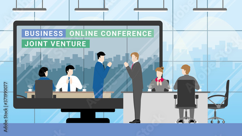 Online business partner concept. Joint venture in teleconference meeting room from workplace to another office. Greeting businessman by thai wai with team agreement clapping hand employee. 