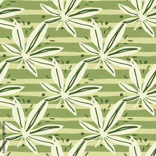 White maijuana silhouettes seamless pattern. Green background with strips. Floral backdrop. © smth.design