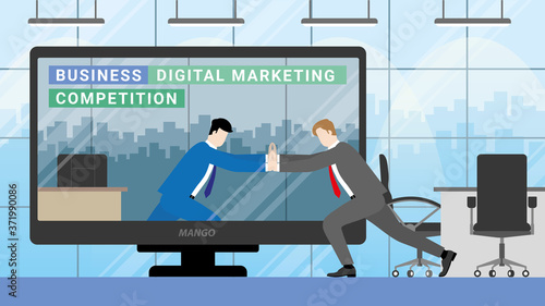 Online business competition concept. ิีBusinessman virtual fighting one on one with marketing rival. Business competitor in teleconference meeting room from workplace to another office.