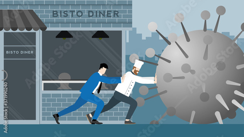 Business support and backup. Economic impact of COVID-19 pandemic. Chef and businessman fight together against virus by stopping giant coronavirus before it destroys their bistro cafe.
