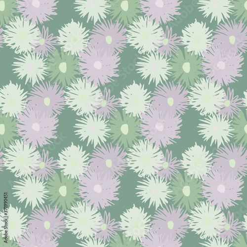 Seamless spring pattern with chrysanthemum silhouettes. Pale background and soft purple and green flowers.
