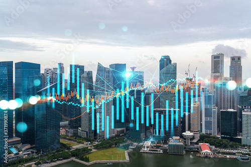 Photography Forex and stock market chart hologram over panorama city view of Singapore, the financial center in Asia