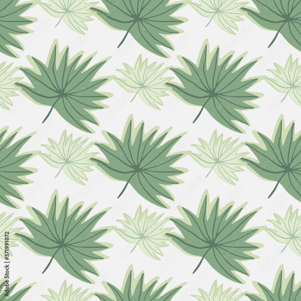 Fototapeta premium Spring hand drawn seamless pattern with foliage ornament. Light background and green leaves.