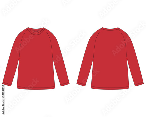 Technical sketch of red raglan sweatshirt. Jumper design template. Children's casual wear. Front and back view.