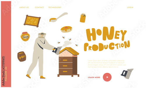 Farmer Producing Honey. Apiculture Natural Product Landing Page Template. Male Character in Protective Uniform and Hat